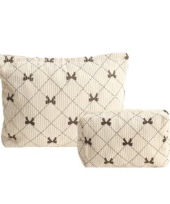 LYDZTION 2PCS Cute Corduroy Makeup Bag for Women, Small Makeup Bag Set Travel Toiletry Bag Coquette Cosmetic Bag Bow Makeup Bag Portable Versatile Zipper Pouch-Khaki