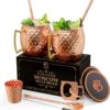 Moscow Mule Copper Mugs | Set of 2 Hammered Cups | 100% HANDCRAFTED Pure Solid Copper | Gift Set With Cocktail Straws | Shot Glass | Coasters | Copper Stirrer & Beer opener