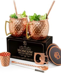 Moscow Mule Copper Mugs | Set of 2 Hammered Cups | 100% HANDCRAFTED Pure Solid Copper | Gift Set With Cocktail Straws | Shot Glass | Coasters | Copper Stirrer & Beer opener