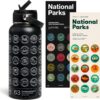 National Parks Water Bottle with Stickers Kit, Erikas Chesonis Collaboration, Adventure Flask with Straw, Waterproof Stickers for Water Bottle, Insulated Stainless Steel 32oz (Black+2 Sticker Packs))