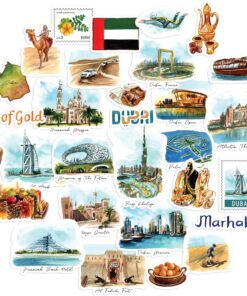 Navy Peony Futuristic Dubai Travel Stickers (30pcs) – Watercolor, Waterproof, Emirati-Themed Vacation Decals for Journals, Scrapbooks, Tumblers