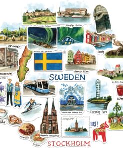 Navy Peony Stylish Sweden Travel Stickers (28pcs) – Watercolor, Scandinavia, Swedish-Themed Vacation Decals for Journals, Scrapbooks, Luggage, Tumbler