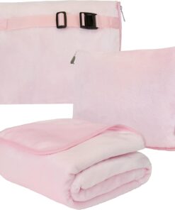 PAVILIA Travel Blanket Pillow, Soft Airplane Blanket 2-in-1 Combo Set, Plane Blanket Compact Packable, Flight Essentials Car Pillow, Travelers Gifts Accessories, Luggage Backpack Strap, 60×43 Pink