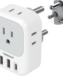 TESSAN South Africa Power Adapter, Type M Plug Adaptor with 4 American Outlets 3 USB Charger (1 USB C Port) for US to Bhutan Botswana Namibia Nepal