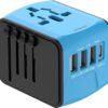 Travel Adapter, Universal Travel Adapter – 3 USB + 1 Type C in One Travel Charger with UK/US/AUS/EU Plugs and Socket, International Power Adapter Wall Charger (Type-C) (Blue)