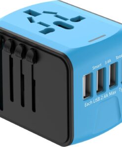 Travel Adapter, Universal Travel Adapter – 3 USB + 1 Type C in One Travel Charger with UK/US/AUS/EU Plugs and Socket, International Power Adapter Wall Charger (Type-C) (Blue)