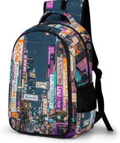 Travel Backpack for Women Men Purple Tokyo Streets Laptop Backpack Large Bookbag Computer Bag for Hiking