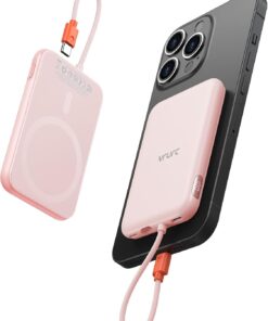 VRURC Slim Portable Charger, Mini Power Bank Built in Cable USB C, 5000mAh LED Display Battery Pack, USB C in & Out Port Travel Charging Bank for iPhone 16/16 Pro/15/15 Pro, Samsung-Pink