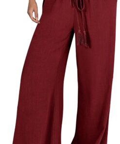 Womens Summer Linen Palazzo Pants Trendy Drawstring Elastic Waist Wide Leg Lounge Trousers Travel Resort Wear Clothes