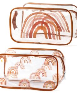 Y1tvei 2Pcs Summer Boho Rainbow Clear PVC Makeup Bag Stylish Brown Fall Theme Plastic Cosmetic Toiletry Bag with Zipper Makeup Case Portable Waterproof Clutch Purse Travel Organizer for Women Lady