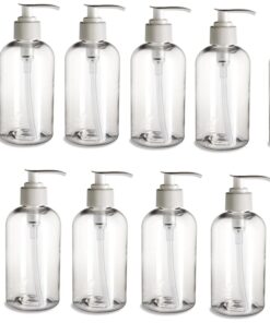 12 Pack- 8 oz- Clear Boston Plastic Bottles- White Pump- for Essential Oils, Perfumes, Cleaning Products- by Natural Farms…
