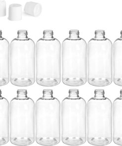 8 Ounce Boston Round Bottles, PET Plastic Empty Fillable BPA-Free, with White Press Down Disc Caps (Pack of 12) (Clear)