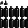 4 Ounce Boston Round Bottles, PET Plastic Empty Fillable BPA-Free, with Black Twist Caps (Pack of 12) (Black)