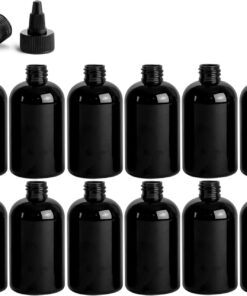 4 Ounce Boston Round Bottles, PET Plastic Empty Fillable BPA-Free, with Black Twist Caps (Pack of 12) (Black)