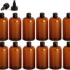 8 Ounce Boston Round Bottles, PET Plastic Empty Fillable BPA-Free, with Black Twist Caps (Pack of 12) (Amber)