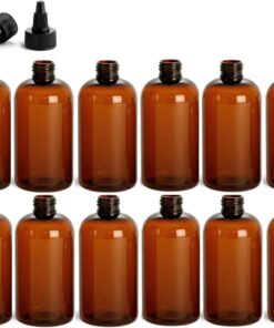 8 Ounce Boston Round Bottles, PET Plastic Empty Fillable BPA-Free, with Black Twist Caps (Pack of 12) (Amber)