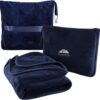 BlueHills Premium Soft Travel Blanket Pillow Airplane Blanket Packed in Soft Bag Pillowcase with Hand Luggage Belt and Backpack Clip, Compact Pack Large Blanket for Any Travel (Navy Blue T002)