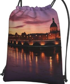 Drawstring Backpack for Women Men Gym Bag Cinch Bag Hand Drawn Color Butterfly Draw String Back Bag for Travel, Purple Sunset at Toulouse City, One Size