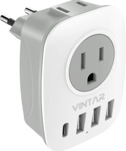 European Travel Plug Adapter, VINTAR International Power Plug Adapter with 1 USB C, 2 US Outlets and 3 USB Ports, 6 in 1 Travel Essentials to Most of Europe Greece, Italy(Type C)