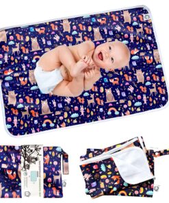 Flockthree Waterproof Baby Changing Pad with Storage Bag (28.7″ X 19.7″) Washable Wipeable Reusable Leak Proof Diaper Travel Mat Station Changing Mattress Liner Cribs Bed Cover, Animals