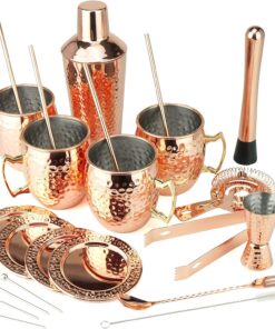 [Gift Set] PG Ultimate Moscow Mule SS Copper Plated Set 25PC | 3pc Cocktail Shaker, 4X Mugs, 4X Straws, 4X Cocktail Picks, Straw Cleaner, 4X Coaster, Strainer, Tongs, Muddler, Jigger, Stirrer
