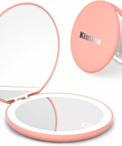 Kintion Travel Mirror with Light, 1X/10X Magnification Compact Mirror, 4″ Rechargeable LED Purse Mirror, Dimmable 3 Color Temperature, Portable Lighted Pocket Mirror, Pink