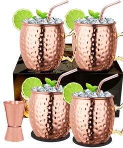 LIVEHITOP Moscow Mule Copper Mugs Set of 4, Copper Cups with Straws, Jigger, Coasters, Straw Brush for Party, Bar, Stainless Steel Lining, 19.5oz Gifts Set