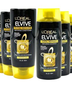 L’Oréal Paris L’oreal Travel Shampoo and Conditioner Set, 6 Count, Travel Size Bottles, Restoring Total Repair Mini Shampoo & Conditioner for Hair Repair, TSA Approved Hygiene Essentials, 3 oz Each