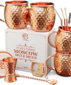 Moscow Mule Copper Mugs | Set of 4 Hammered Cups | 100% HANDCRAFTED Pure Solid Copper | Gift Set With Cocktail Straws | Shot Glass | Coasters | Copper Stirrer & Beer opener By Copper-Bar (White)