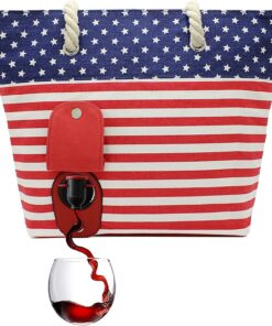 PortoVino Wine Purse with Hidden Spout – Canvas Drink Tote Bag with Secret Flask Dispenser – Holds 2 Bottles of Wine – Ideal Insulated Alcohol Travel Bag for Beach, Parties, USA Flag Design