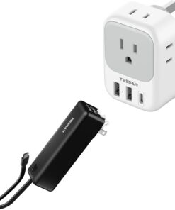 US to UK Plug Adapter, TESSAN Type G Travel Converter with 3 USB Charger(1 USB C Port), 4 Outlets Power Adaptor, in 1 Power Bank 20W Fast Charging