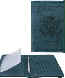 WALNEW Passport Holder for Travel, RFID Passport Cover Wallet for Women Men, PU Leather Passport Book Case with Pen Holder and Clear Photo Slot, Dark Green