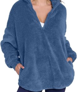 Womens Half Zip Sherpa Pullover Fuzzy Fleece Oversized Sweatshirts Long Sleeve Winter Warm Outerwear With Pockets