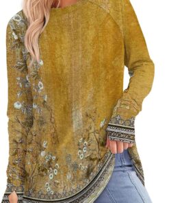 Womens Long Sleeve Shirt Crew Neck Thumb Hole Shirts Casual Basic Tunic Stripe Fall Vintage Fashion Curved Hem Tops