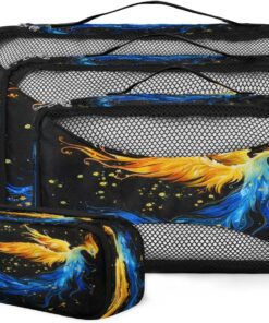 Yzrwebo Yellow Blue Dinosaur 4Pcs Set Packing Cubes for Travel, Fire Phoenix Lightweight Luggage Organizer Bags Set Travel Packing Cubes for Carry on Suitcase Travel Essentials Accessories