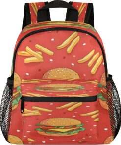 12 Inch Cute Mini Book Bag Small Backpack Multi Compartment Backpack With Chest Strap Waterproof Casual Daypack Travel Bag, Food Hamburg