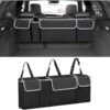 AUCELI Car Trunk Organizer, Backseat Hanging Large Storage with Adjustable Straps, Waterproof Collapsible Cargo Bag with 4 Pockets, Sturdy Space Saver Frees Trunk Floor for SUV, Truck, MPV