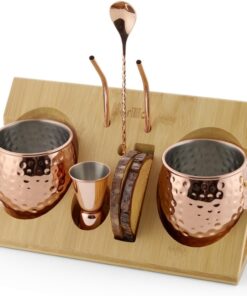 Barillio Moscow Mule Mugs Set – 2 Stainless Steel, Copper-Plated Cocktail Mugs with Bamboo Stand – Food-Safe, Moscow Mule Kit with Copper Cups, Drinking Straws and Mixing Spoon – 2 x 18 Oz