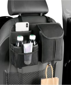 Car Back Seat Organizer, Multi Pockets Leather Auto Seat Hanging Bag with Tissue Box & Hooks, Durable Backseat Suede Storage Box Pocket for Most Vehicles, Car Accessories (Black)