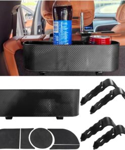 Car Headrest Backseat Organizer with Cup Holder – Seat Back Hanging Food Drink Snack Storage Box with Hooks – Multi-Functional Car Rear Seat Organizer for Kids Adults – Car Travel Accessories (Black)