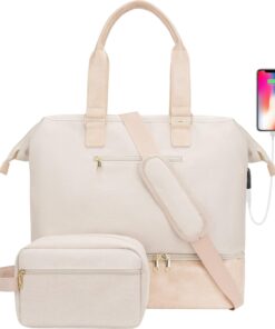 MINKARS Weekender Bag with Shoe Compartment Travel Duffle, Carry On 20 Inch, Beige
