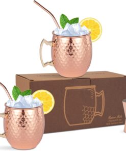 Moscow Mule Mugs Set of 2 – Hammered Moscow Mule Mugs Drinking Cup Stainless Steel Lining with 2 Straws-1 Jigger-Great Dining Entertaining Bar Gift Set (Mug Set of 2 double jigger included)