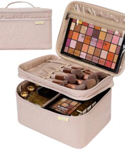 NISHEL Large Double Layer Travel Makeup Bag Women, Cosmetic Case, Organizer for Travel-Size Accessories Bottles, Brushes, Conditioner, and Skin Care Products, Pink