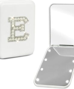 Personalized Gifts for 7 8 9 10 11 12 13 14 15 16 Year Old Girl Cute Pearl Initial Compact Mirror with Lights Small LED Pocket Makeup Mirror Teen Girls Trendy Stuff Travel Essentials White E