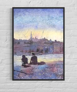 Watercolor landscape Budapest Hungary batik painting, trendy wall art travel essentials colorful home decor Europe giclee (print) (8×12)