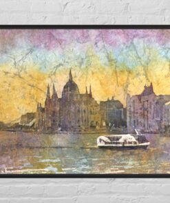 Watercolor landscape Budapest skyline Hungarian Parliament travel essentials, sunset painting batik artwork handmade item travel essentials (print) (20×30)