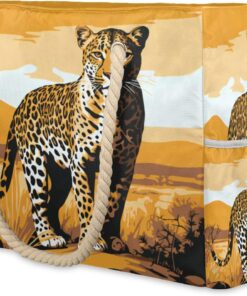 cfpolar Leopard African Savannah Large Beach Bag, Waterproof Sandproof Beach Tote Bag with Zipper, Pool Bag for Women, Shoulder Bag for Gym Beach Travel Family Vacation Essentials