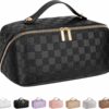 Large Capacity Travel Cosmetic Bag – Portable Makeup Bags for Women Waterproof PU Leather Checkered Makeup Organizer Bag with Dividers and Handle,Toiletry Bag for Cosmetics