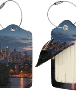 2 PCS Luggage Tags for Suitcase PU Leather Suitcase Tag with Stainless Steel Loop Cute Bag Tags City Seattle Travel Baggage Tags Name ID Labels for Cruise Airport Travel Essentials