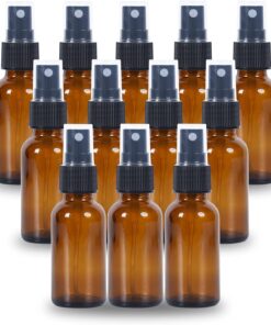 2oz Glass Spray Bottle, Fine Mist Boston Glass Bottles with Black Fine Mist Sprayer Small Clear Bottles for Essential Oils, Bath, Beauty, Hair & Cleaning, Amber, Pack of 12